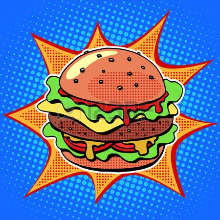 pop art food: Fast food Burger with sesame meat salad and cheese pop art retro style. Healthy and unhealthy food. Restaurant business. Colorful image of a sandwich on a retro background in the style of comics Fast Food Burger, Pop Art Party, Images Pop Art, Pop Art Food, Portraits Pop Art, Healthy And Unhealthy Food, Food Burger, Pop Art Images, Meat Salad