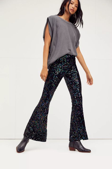 Sequin Slim Pull On Flare Pants | Free People Free People Jumpsuit, Velvet Flare Pants, Free People Romper, Cropped Cardigan Sweater, Kick Flares, Free People Denim, Bohemian Clothes, Free People Pants, Sleeved Romper