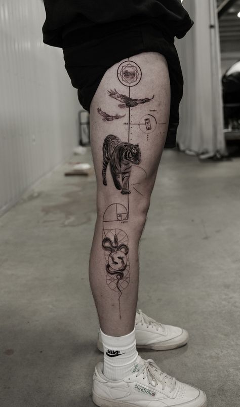 Tattoo artist Taeseok Park | Vancouver, Canada | iNKPPL Men Thigh Tattoo, Geometric Leg Tattoo, Calf Tattoos For Guys, Full Leg Tattoo Men, Legs Tattoos, Full Leg Tattoo, Calf Tattoos For Women, Men Tattoo Ideas, Calf Tattoo Men