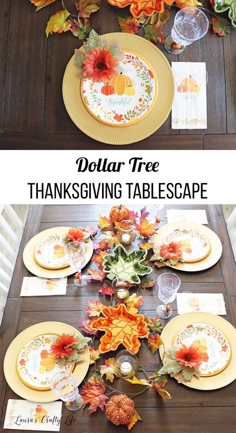 Dollar Tree Thanksgiving Tablescape. Create a beautiful and affordable fall Thanksgiving table using party supplies found at Dollar Tree. #dollartree #Thanksgiving #laurascraftylife Dollar Tree Thanksgiving, Table Settings For Parties, Thanksgiving Table Settings Dollar Store, Dollar Tree Table, Thanksgiving Table Settings Centerpieces, Tree Thanksgiving, Thanksgiving Decorations Diy Table, Thanksgiving Table Settings Diy, Fun Table Settings