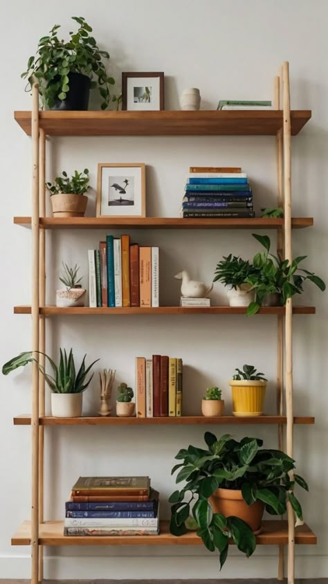 Looking to add style and functionality to your home? These simple bookshelf ideas are perfect for keeping your favorite reads organized while enhancing your room's decor. Whether you're into minimalistic designs or more creative setups, this pin offers plenty of inspiration to help you design a bookshelf that suits your space. A well-organized shelf can not only declutter your home but also serve as a beautiful accent in any room. Use this pin to spark ideas and start crafting the perfect bookshelf for your home! Aesthetic Book Storage Ideas, Shelf Styling Books, Simple Bookshelf Design, Bookshelf Small Apartment, Simple Bookshelf Ideas, Styling A Ladder Shelf, Beach House Bookshelf, Bookshelf Inspo Living Room, Wooden Bookshelf Styling