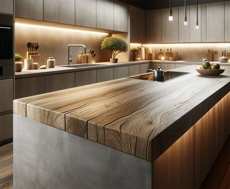 Kitchen island with concrete countertop that is constructed to be wood Wood Look Countertops Kitchen, Laminate Wood Countertops, Wood Laminate Countertops, Concrete And Wood Kitchen, Wood Grain Tile, Wood Countertops Kitchen, Kitchen Countertops Laminate, Wooden Countertops, Concrete Countertop