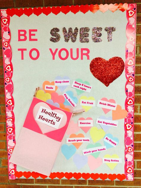 Feb "be sweet to your heat" school nurse board Nurse Bulletin Board Ideas, Nutrition Nursing, Office Bulletin Board Ideas, Cafeteria Bulletin Boards, Pe Bulletin Boards, Nurse Bulletin Board, February Bulletin Boards, School Nurse Office Decorations, Health Bulletin Boards