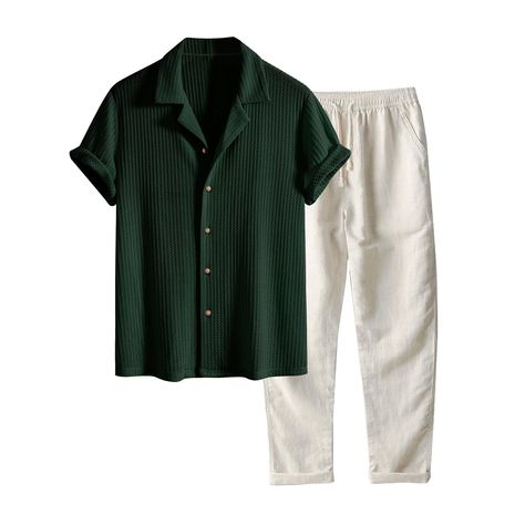 PRICES MAY VARY. VINTAGE CLASSIC SET - With the cooperation of classic and stylish design, jacquard button up shirts and loose long pants, inspired by the retro 1960s pool parties and beach wedding days, to make this matching button down shirts and linen pants are on-trend. LINEN BLEND - Men summer 2 piece outfits are made of linen cotton polyester blend fabric. Soft, breathable and easy to the touch, stay cooler, perfectly suitable for all seasons. DESIGN - The solid button down shirts with cub Men’s Florida Outfits, Classic Beach Outfits, Pool Party Outfit For Men, Linen Pants Outfit Beach, Tropical Vacation Outfits Men, Beach Outfit Ideas For Men, 1960s Pool, Men Linen Outfit Summer, Linen Pants Outfit Men