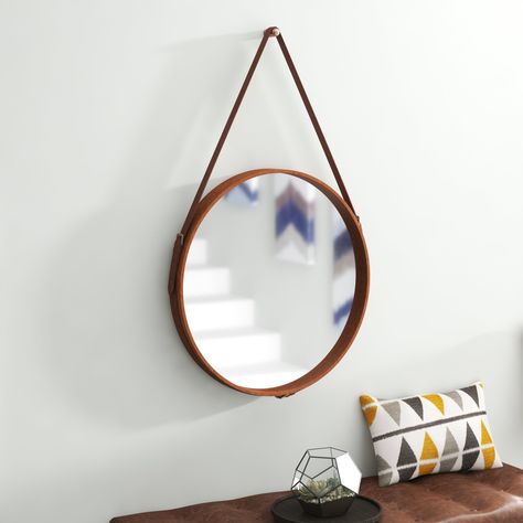 Langley Street Caesar Traditional Distressed Wall Mirror & Reviews | Wayfair Mirror With Leather Strap, Mirrors With Leather Straps, Leather Wall, Jamie Young, Wood Wall Mirror, Accent Mirror, Modern Bathroom Vanity, Round Wall Mirror, Modern Accents