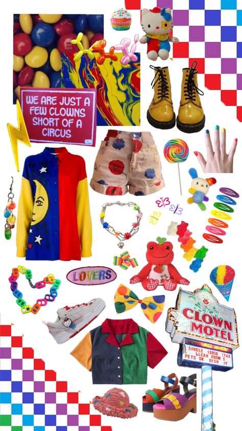 #clowncore  #KIDCORE #outfitinspo #aesthetic #aestheticboard #vibes #style #styleinspo #moodboards Clowncore Outfit, Kid Core Outfits, Weirdcore Outfits, Kidcore Outfit, Kidcore Fashion, Clowncore Aesthetic, Kid Core Aesthetic, Silly Clothes, Silly Shirt