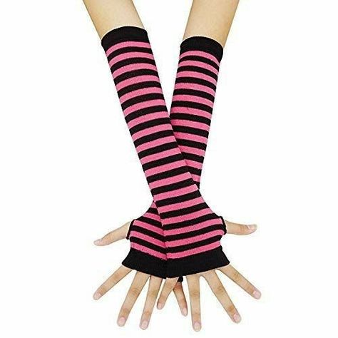 Black And Pink Arm Warmers, Emo Fingerless Gloves, Scene Arm Warmers, Scene Gloves, Emo Gloves, Striped Gloves, Techwear Fashion, Alt Clothes, Catty Noir