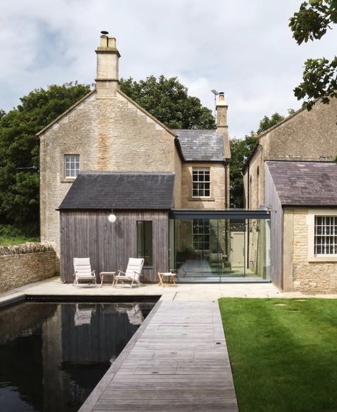 Barn Extension, Irish Interior Design, Glass Walkway, Cotswold House, Cottage Extension, Double House, Oak Framed Buildings, Green Barn, Contemporary Houses