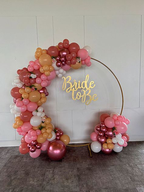 Pink, beige, white and rose gold balloon arch on round stand Saint Name Day, Bride To Be Balloons, Lovely Bride, Balloon Backdrop, Balloon Decor, Bridal Shower Favors, Balloon Arch, Bride To Be, Pink Wedding