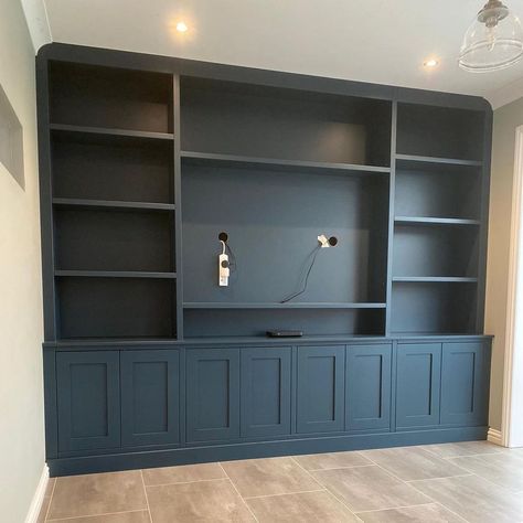 Built In Media Wall Library, Media Wall With Bookshelves, Cabinet Wall For Tv, Fitted Units Living Room, Media Wall Unit Ideas, Navy Media Wall Living Room, Media Wall Playroom, Bespoke Tv Unit, Media Units Living Room