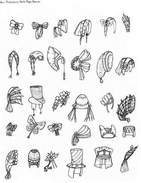 Clothing Accessories Drawing, Cool Hats Drawing, Hair Accessories Drawing Ideas, Anime Hair Accessories Drawing, Drawing Hair Accessories, Character Accessories Design Reference, Accessory Ideas Drawing, Cute Hair Accessories Drawing, How To Draw Hair Accessories