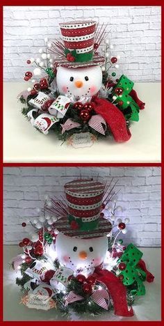 Christmas Porch Ideas, Red Top Hat, Light Up Snowman, Christmas Centers, Centerpiece Christmas, Christmas Centerpiece, Christmas Arrangements, Christmas Porch, Christmas Centerpieces