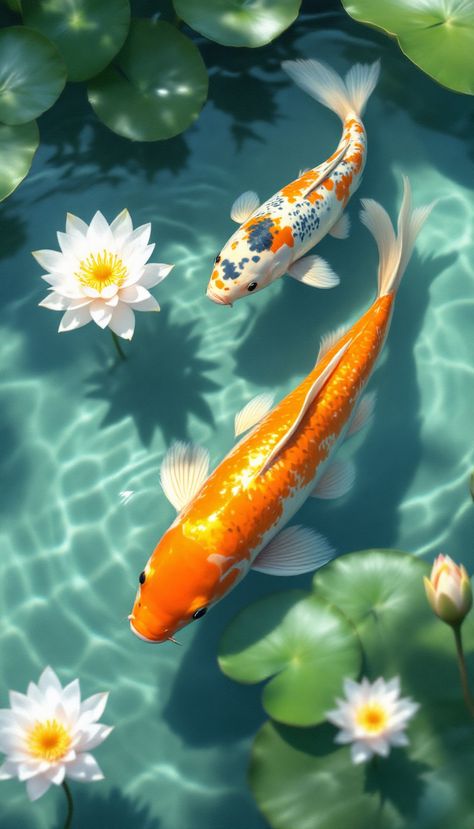 Immerse yourself in the beauty of these mesmerizing koi fish gracefully swimming in a crystal-clear pond, surrounded by delicate water lilies. 🌊🌸 The vibrant orange and white hues of these Japanese koi symbolize luck, prosperity, and harmony. Perfect for nature lovers, pond enthusiasts, and those seeking peaceful aesthetics. 💙✨ Save this for inspiration! Clear Pond, Kids Gift Tags, Japanese Koi, Holiday Printables, Gift Tags Printable, Be Grateful, Printable Gift, Water Lilies, Free Wallpaper