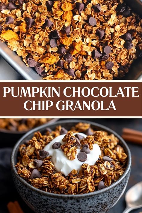 This Pumpkin Chocolate Chip Granola is crunchy, sweet, and packed with fall flavor. Made with oats, pumpkin puree, and chocolate chips, it's the perfect snack or breakfast. Customize it with nuts or seeds, and make a vegan version with maple syrup. Try it today and save this easy recipe for later! #PumpkinGranola #FallRecipes #Granola #EasyBreakfast Granola With Pumpkin Seeds, Pumpkin Granola Recipe, Chocolate Granola Recipe, Chocolate Chip Granola, Pumpkin Granola, Chocolate Granola, Fall Snacks, Pumpkin Chocolate Chip, Honey Oatmeal