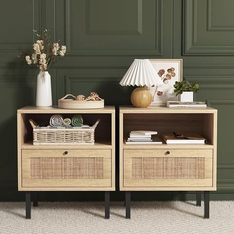 Amazon.com: Rattan Nightstands Set of 2, Boho Night Stand with 1 Door, Accent End Table, Wood Bediside Table with Metal Legs&Open Shelf, Natural Wood : Home & Kitchen Bediside Table, Boho Night Stand, Boho Nightstand, Mini Bookshelf, End Table Wood, Black Nightstand, Nightstand Set Of 2, Furniture Material, Wood End Tables