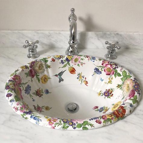 Hand Painted Bathroom Sinks, Floral Bathroom Sink, Fun Bathroom Sink, Pretty Sinks, Painted Bathroom Sink, Flower Sink, Floral Sink, Decorated Bathroom, Painted Sink