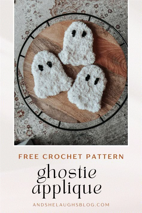 ghostie applique – – – free pattern - and she laughs Crochet Ghost Motif, Crochet Goth Applique, Ghost Applique Crochet Pattern, Ghost Crochet Applique, Crochet Ghost Sweater, Crochet Ghost Square, Ghost Applique Crochet, Crochet Ghost Blanket Pattern, Ghost Granny Square Pattern Free