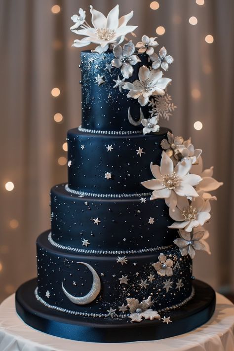 Cosmic Elegance: Sophisticated Star-Themed Birthday Cake Star Themed Wedding Cake, Blue And Silver Themed Wedding, Under The Stars Quinceanera Theme Cake, Starry Night Quinceanera Cake, Fantasy Themed Wedding Cake, Silver And Blue Wedding Decorations, Doctor Who Wedding Cake, Midnight Theme Cake, Celestial Quinceanera Theme