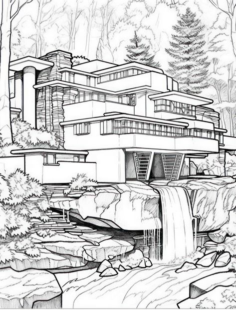 Building Colouring Pages, House Colouring Pages Free Printable, Mansion Coloring Pages, Cabin Coloring Pages, Waterfall Coloring Pages, Farm Scenery, House Coloring Pages, Falling Water House, Easy Landscape