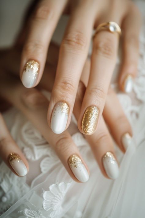 Bridal Nails Gold, Gold Wedding Nails, Gold Holiday Nails, Gold Sparkle Nails, Blue Wedding Nails, White Nails With Gold, Wedding Nails Ideas, Wedding Nail Designs, Bridal Nails Designs