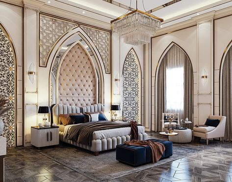 Modern Arabic Interior Bedrooms, Arabic Interior Design Bedroom, Islamic Interior Design Bedroom, Islamic Bedroom Design, Arabic Bedroom Design, Islamic House Design, Arab Bedroom, Islamic Bedroom, Marrocan Interiors