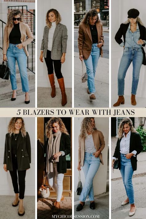 Outfits With Blazers For Women, Blazer Jeans Outfit Women, Blazers For Women Outfits, Houndstooth Blazer Outfit, Tweed Blazer Outfit, Jeans Combination, Stylish Jeans Outfit, Jeans Blazer Outfit, Jeans Outfit For Work