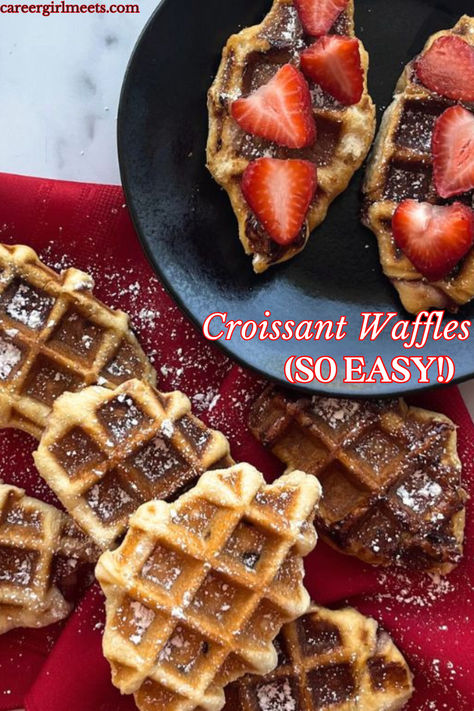 Croissant waffles, also known as Croffles, are flaky, buttery, and delicious. You'll only need two ingredients: Pillsbury Crescent roll dough and sugar. They can be made in under 10 minutes! The croffles are baked in a waffle maker and topped (or stuffed) with maple syrup, chocolate, whipped cream, fresh fruit, and butter. These breakfast treats became popular in Korea and this recipe is an easy hack. These are also great enjoyed as a dessert!

// croissant waffles // croffles // easy breakfast Crescent Roll Waffles, Croissant Dough Ideas Pillsbury, Dessert Croissant, Food Surprise, Overnight Cinnamon Rolls, Pillsbury Crescent, Griddle Cakes, Cinnamon Rolls Easy, Cream Fresh