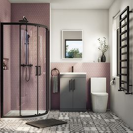 Ensuit Bathroom, Grey Vanity Unit, Small Ensuite, Bathroom Colour, Small Bathroom Inspiration, Small Shower Room, Grey Vanity, Round Toilet, En Suite Shower Room