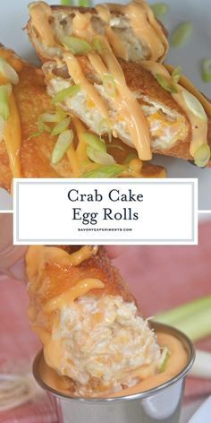 Creamy jumbo lump crab meat and cheese stuffed in a crunchy egg roll wrapper, gently fried and topped with spicy Old Bay aioli. #crabcakeeggrolls #jumbolumpcrab www.savoryexperiments.com Frozen Crab Cakes, Egg Roll Wrapper, Crab Eggs, Crab Cake Sandwich, Jumbo Lump Crab, Lump Crab Meat, Crab Dishes, Creamy Crab, Lump Crab