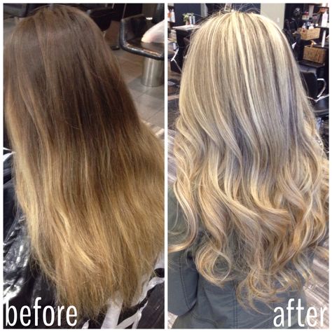 Before and after going from ombré back to blonde. Blonde highlights done by stylist Shanae Preston. Full Foil Highlights Before And After, Full Head Blonde Foils On Dark Hair Before And After, Full Head Highlights Before And After, Full Head Blonde Highlights Before And After, Full Head Blonde Foils On Dark Hair Balayage Highlights, Full Highlights Before And After, Full Blonde Highlights On Dark Hair, Brown To Blonde Before And After, Before And After Blonde Highlights