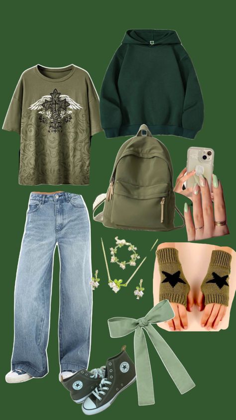 Hehe Green Ootd, Indie Outfit Inspo, Green Clothes, Outfit For School, Green Outfits, Green Fits, Spirit Week, Green Outfit, Indie Outfits