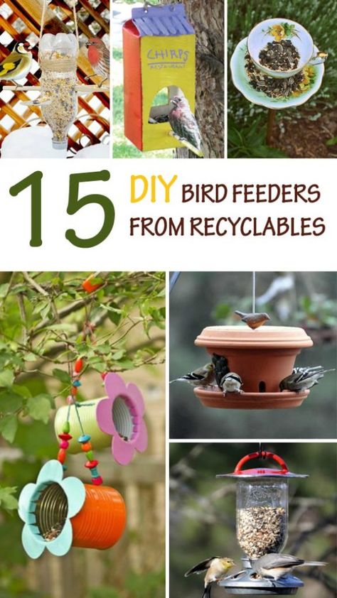 15 amazing DIY bird feeders from recyclables. Cheap bird feeders to make with kids this spring or summer. A fun and easy nature craft for preschool or older kids. | at Non-Toy Gifts Diy Bird Seed Feeders, Diy Bird Feeder Easy, Bird Feeders For Kids To Make, Recycler Diy, Mason Jar Bird Feeders, Recyclable Items, Bird Feeder Craft, Easy Bird, Homemade Bird Feeders