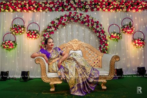 #halfsaree #sareeceremony #sareelook #southindianstylesaree #makeupphotography #beststills #bestphotos #posingideas Half Saree Stage Decoration, Decorations For Half Saree Function, Decoration Ideas For Half Saree Function, Half Saree And Dhoti Function Decoration, Half Saree Function Backdrop, Half Saree Decoration Ideas, Saree Function Decoration Ideas, Engagement Simple Decoration, Half Saree Ceremony Decoration