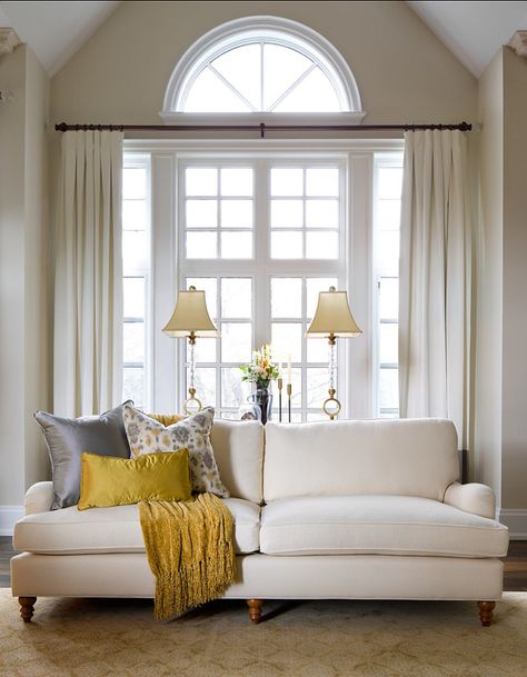 Design-by-Jane-Lockhart Difficult Windows | Laurel Home Arched Window Treatments, Classy Living Room, Dining Room Windows, Trendy Living Rooms, Curtains Living, Living Room Windows, Arched Windows, Room Curtains, Living Room Grey