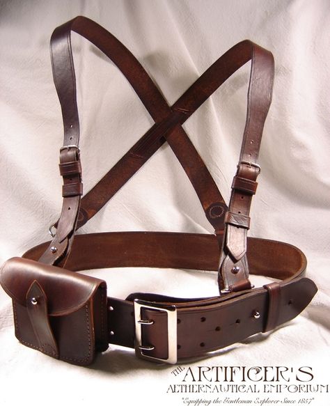 c1880's Sam Browne Harness. Made using a composite of the old harnesses patterns. Sharp eyed Steampunks will notice the slight change of shape on the ammo pouch, which has been altered to accommodate a flask. Chest Holster, Suspender Holster Pattern, Brown Chest Bag With Anti-theft Pocket, Sam Browne Belt, Sob Holster, Vertical Shoulder Holster, Steampunk Leather, Mode Steampunk, Body Harness