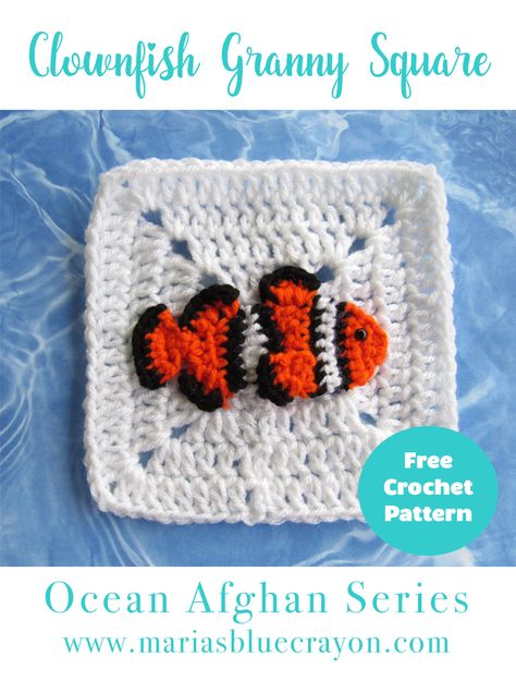 Clownfish Granny Square | Clowfish Applique | Ocean Afghan Series | Free Crochet Pattern Granny Square Ideas, Crochet Granny Squares Patterns, Blue Crayon, Crochet Fish, Granny Square Pattern, Clownfish, Crochet Blocks, Afghan Pattern, Crochet Granny Squares