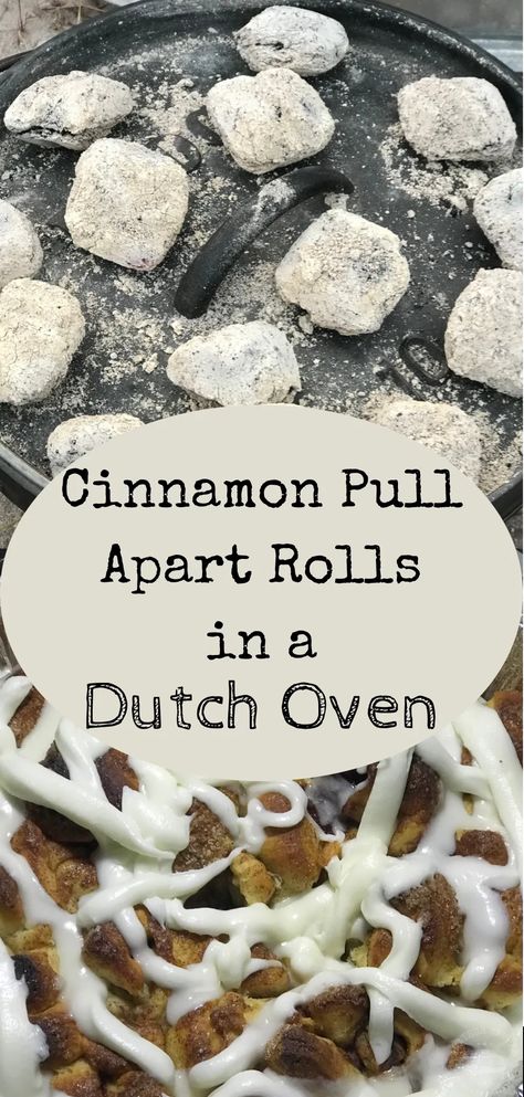 Simple Cinnamon Pull-Apart Rolls in a Dutch Oven #campingmeals #campfirecooking #camping #dutchoven #dutchovendesserts Fall Dutch Oven Desserts, Camping Foil Dinners, Pull Apart Cinnamon Rolls, Campfire Dutch Oven Recipes, Easy Dutch Oven Recipes, Dutch Oven Desserts, Rv Meals, Pull Apart Rolls, Cinnamon Pull Apart