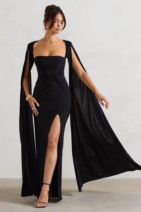 Claretta Black Square Neck Twisted Maxi Dress With Cape Sleeves – Club L London - USA Elegant Cape, Scene Stealer, Long Cape, Floor Length Prom Dresses, Leg Split, Split Maxi Dress, Cape Sleeves, فستان سهرة, Style Party