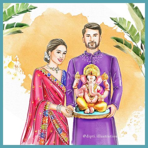 Ganesh Utsav Drawing, Ganesh Festival Drawing, Festival Drawing Indian, Festival Drawing, Wedding Caricature, Digital Invitations Wedding, Ganesh Art, Festive Collection, Fashion Drawing Dresses