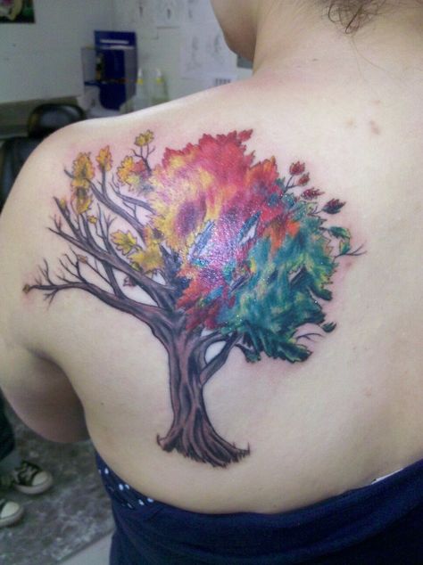 Tattoo Trees, Tom Tattoo, Tree Of Life Tattoos, Tree Tat, Season Tree, Tattoo Tree, Colorful Tattoo, Family Tree Tattoo, Tree Tattoos