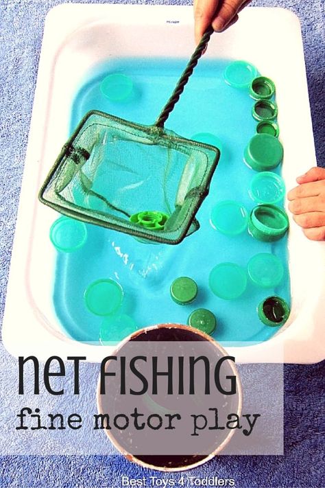 Best Toys 4 Toddlers - Super simple net fishing activity for toddlers and older kids with items from recycle bin, and everyone's favorite: water! Great for fine motor play and fun! Fishing Activity, Fine Motor Play, Summer Sensory, Net Fishing, Activity For Toddlers, Recycle Bin, Preschool Fine Motor, Motor Skills Activities, Sensory Table