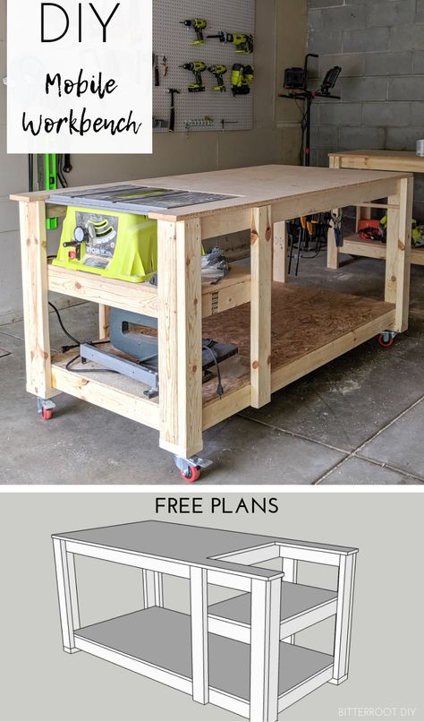 Mobile Workbench with Table Saw - Bitterroot DIY Workbench With Table Saw, Diy Mobile Workbench, Table Saw Workbench, Mobile Workbench, Workbench Plans Diy, Diy Table Saw, Woodworking Bench Plans, Diy Workbench, Garage Work Bench