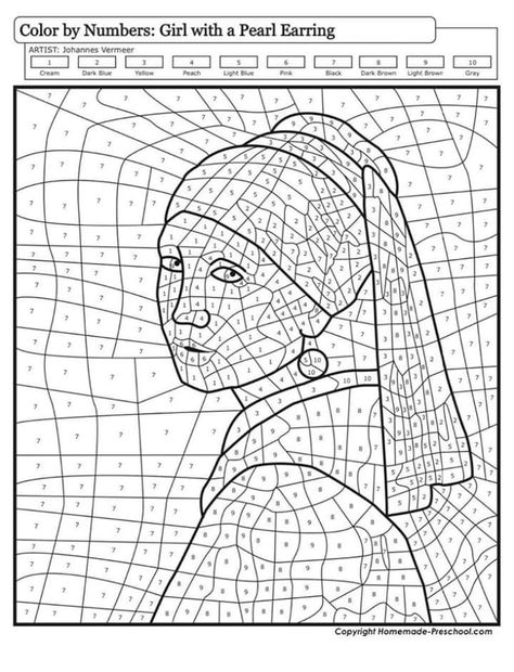 Adult Color By Number, Classe D'art, Color By Number Printable, Girl With A Pearl Earring, Grant Wood, Abstract Coloring Pages, Art Worksheets, Famous Paintings, Johannes Vermeer