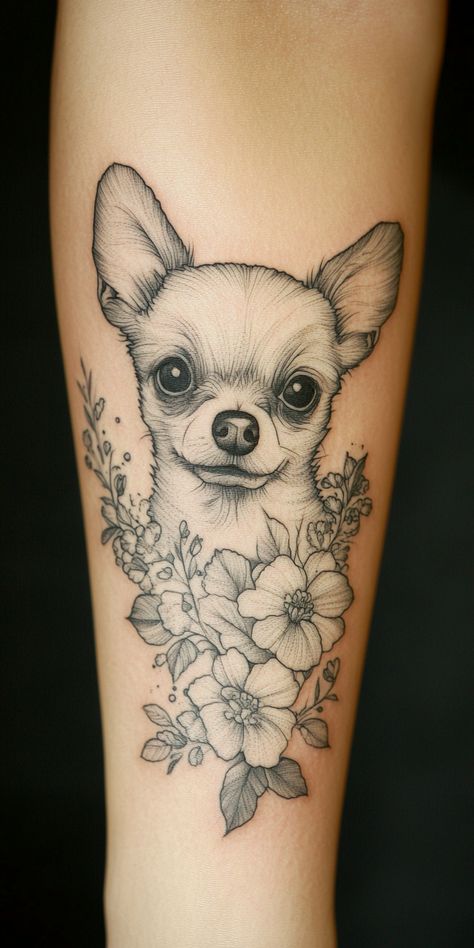 Subtle Dog Tattoo, Chihuahua Tattoo Ideas, Tattoo Behind The Ear, Golden Retriever Tattoo, Chihuahua Tattoo, Small Dog Tattoos, Perfect Tattoo, Silhouette Tattoos, Chihuahua Lover