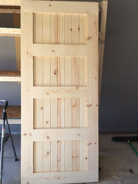 Tongue And Groove Barn Door, Diy Solid Wood Door, Pallet Doors Ideas, Master Bath Barn Door, Diy Exterior Door, Diy Wood Door, Diy Wooden Door, Modern Home Entrance, Homemade Door