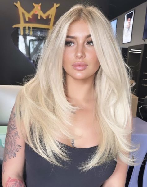 Full Blonde Hair Color Ideas, Creamy Butter Blonde Hair, Full Platinum Blonde Hair, Global Blonde Hair, Platinum Blonde Hair With Dark Roots, Long Bleach Blonde Hair, Blonde Hair On Mexican Women, Full Blonde Hair, Barbie Blonde Hair