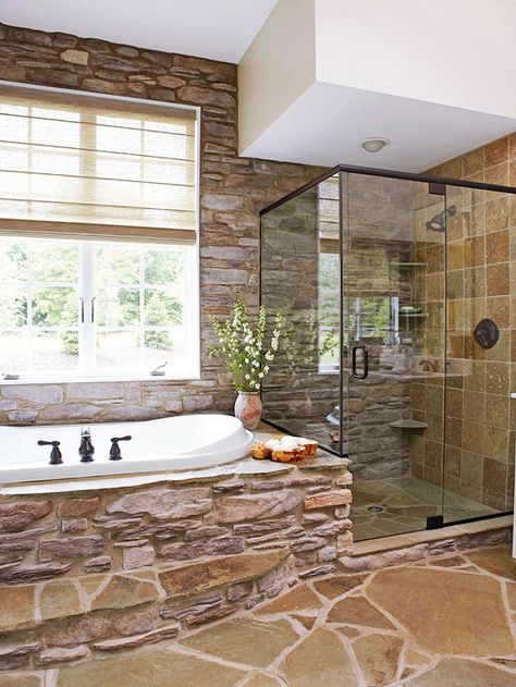 Rustic Retreat now that's a vacation spa at home..... perfect! Cottage Bathroom, Stone Bathroom, Rustic Bathroom Decor, Rustic Retreat, Bathroom Photos, Rustic Bathrooms, Style Bedroom, Rustic Cottage, Dream Bathrooms