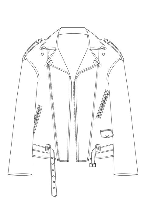 Biker Jacket Technical Drawing, Leather Jacket Flat Sketch, Leather Jacket Sketch Drawing, Leather Jacket Drawing Tutorial, Leather Jacket Technical Drawing, How To Draw A Leather Jacket, How To Draw Leather Jacket, Jacket Sketch Drawing, Leather Jacket Sewing Pattern