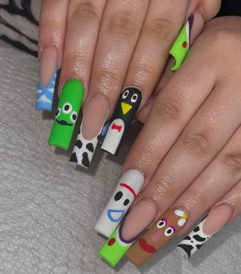 Toystory Nails Acrylic, Karol G Nail Ideas, Long Disney Acrylic Nails, Toy Story Theme Nails, You Story Nails, Toy Story Nail Designs, Toy Story Nail Art, Spongebob And Patrick Nails, Toy Story Nails Acrylic