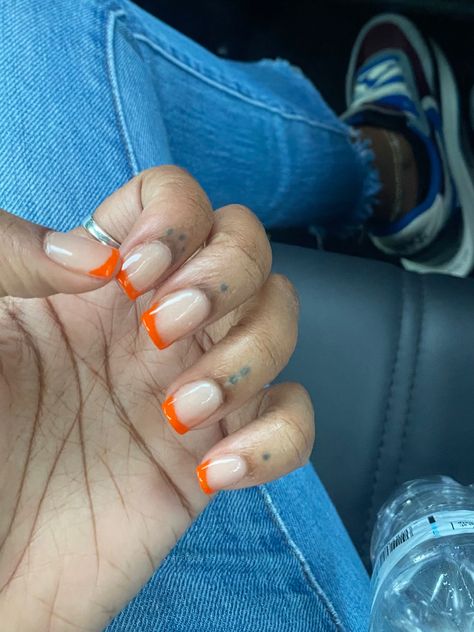 #orange #frenchtip #nails #summer Clear With Color Tip Nails, Short French Tip Nails Colorful, Green And Orange French Tip Nails, Short Orange Tip Nails, Short Square Coloured French Tip Nails, Short Square Orange French Tips, Short French Tip Acrylic Nails Orange, Orange Nails Natural Short, Orange French Acrylic Nails